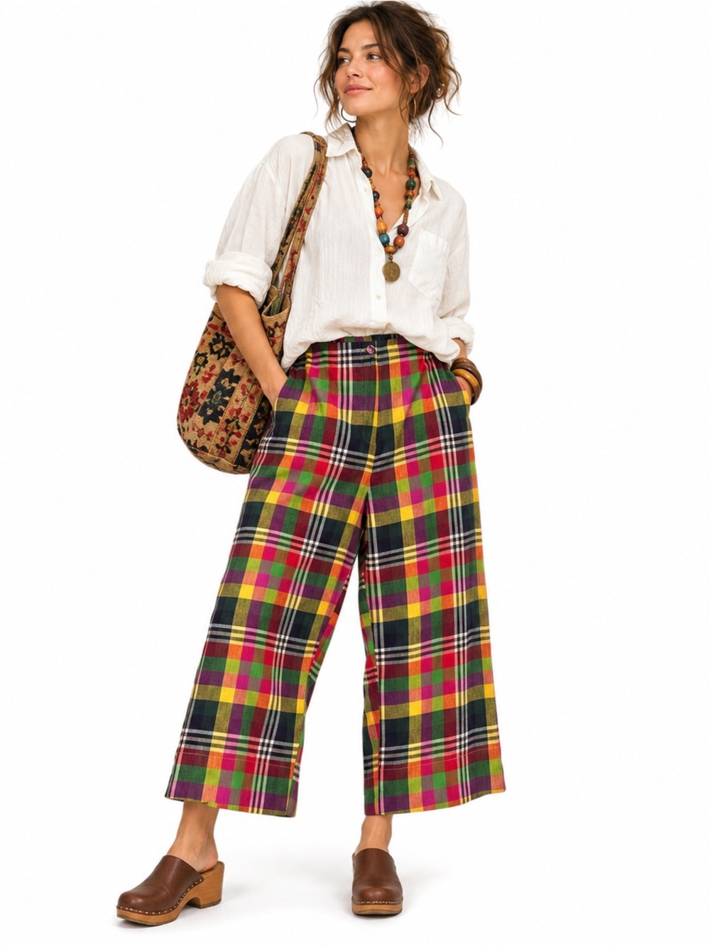 RUJUTA SHETH XL Bombay Cotton Madras Plaid Wide Straight Pants NWT Pockets